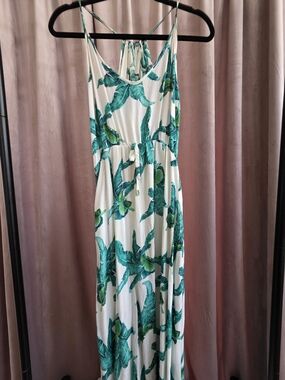 Tropical Palm Leaf Print Halter Maxi Dress White Green Size Small